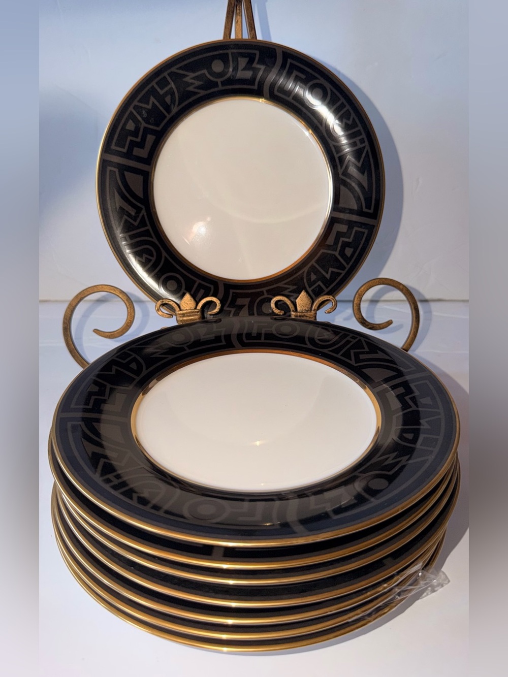 8-Noritake Black and Gold  Rim desert/Salad Plates